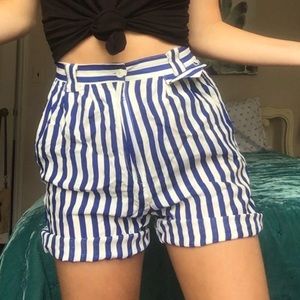 Blue and white striped high waisted shorts